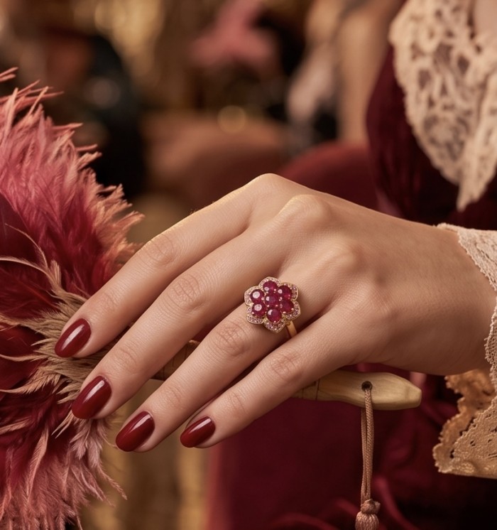 Born to Glam authentic 4.2 carat Mozambique Ruby 22K Gold over .925 Silver handcrafted Ring s. 5 1/2 - Ruby ring in 22K gold, worn on hand with red polished nails.