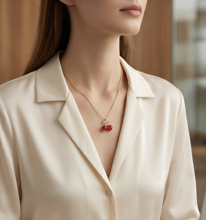 Cute Red Cherries golden handmade necklace - photo 1