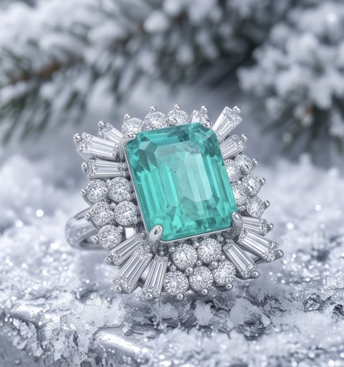Julia asscher cut 5.8 carat Colombian Emerald 4.2 carat Moissanite .925 Sterling Silver dipped in Rhodium handcrafted Ring size 6 1/4 - Colombian emerald ring close-up on snow background