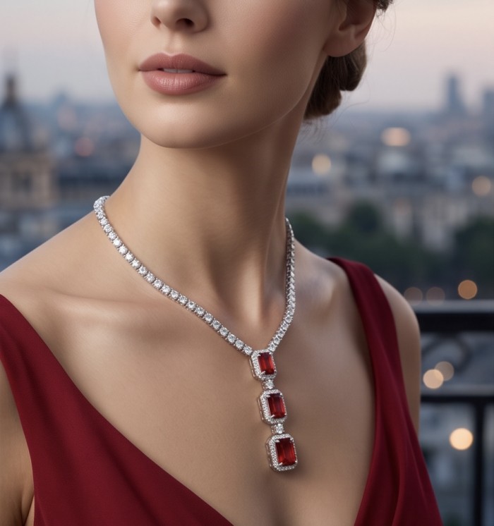 Serafina - Magnificent Jewel 9.8 carat Ruby .925 Sterling Silver handcrafted incredible Statement Necklace - Front view of Serafina necklace with rubies and diamonds worn on model.