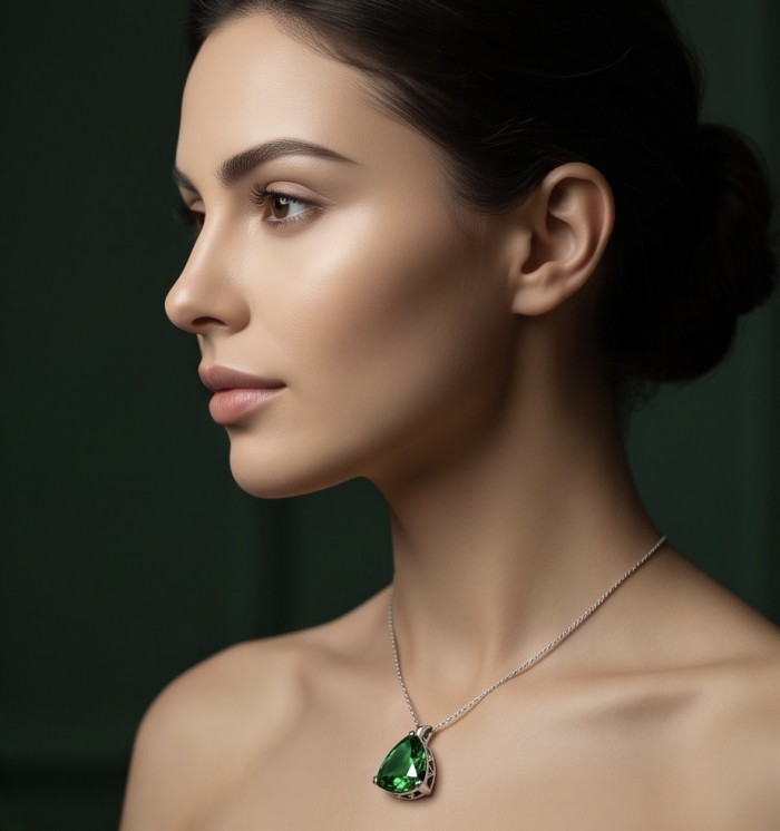 Trillion Cut Perfect 29.5 carat Volcanic Helenite .925 Sterling Silver handcrafted Pendant - Side view: woman wearing Trillion Cut Helenite pendant necklace.