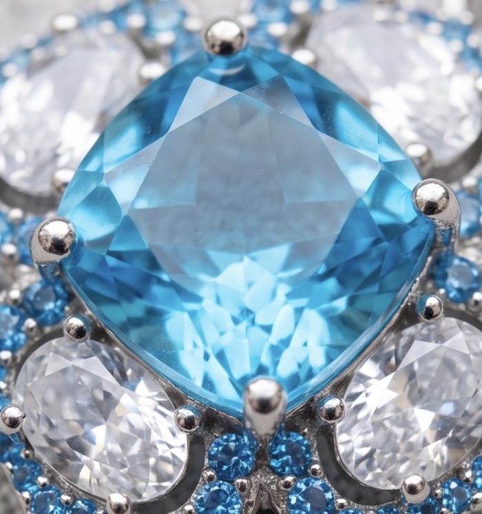 Stella 8.3 carat Swiss Blue Topaz .925 Sterling Silver dipped in rhodium handcrafted Pendant - Close-up of Stella 8.3 carat Swiss Blue Topaz in .925 Sterling Silver
