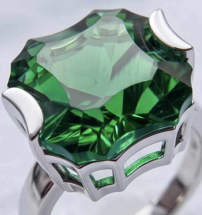 Exotic Beauty baquette cut 11.5 carat Helenite .925 Sterling Silver handmade Ring s. 8 1/4 - Close-up of Helenite gemstone on a sterling silver ring