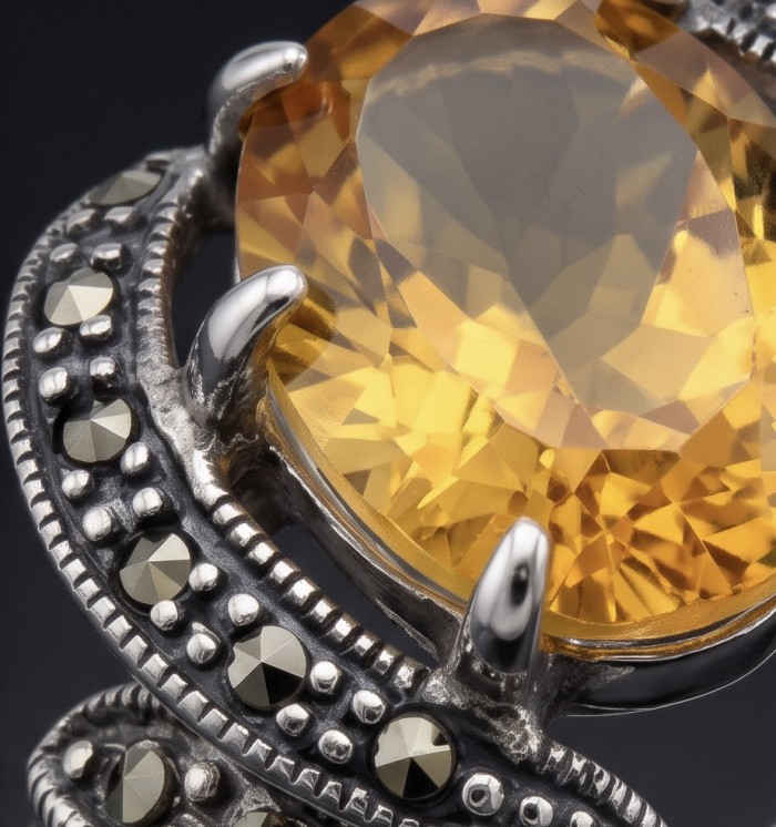 Authentic oval cut 10.2 carat Golden Topaz rhodium over .925 Sterling Silver ring s. 8 - Close-up of oval cut Golden Topaz in rhodium setting.