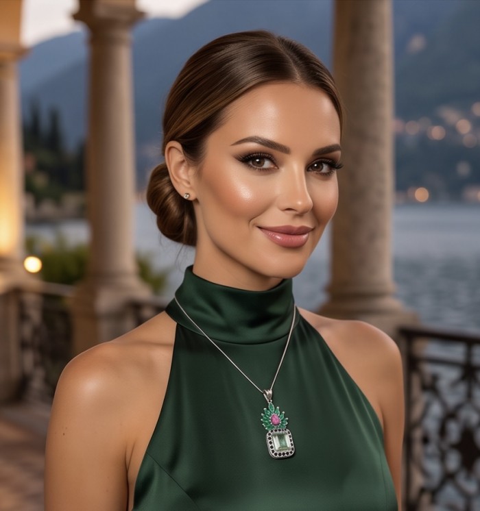 Victoria Authentic 17.2 carat green Amethyst Garnet rhodium over .925 Sterling Silver handmade pendant - Woman wearing green amethyst necklace, elegant evening setting