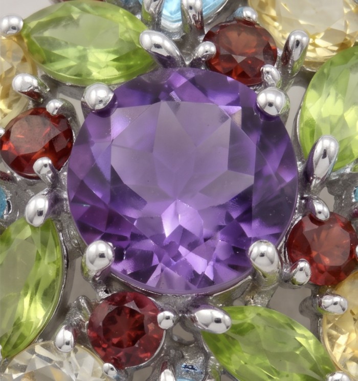 Divine Protection 15.8 carat Precious Amethyst .925 Sterling Silver dipped in rhodium handcarfted Pendant - Close-up of colorful gemstone arrangement on amethyst jewelry piece
