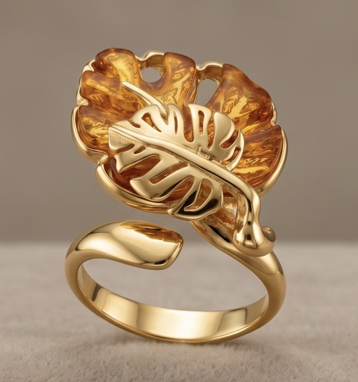 Golden Leaf Authentic Golden carved Baltic Amber .925 Sterling Silver entirely handcrafted ring; s. 6 adjustable - Golden leaf ring with amber stone, front view, intricate details shown