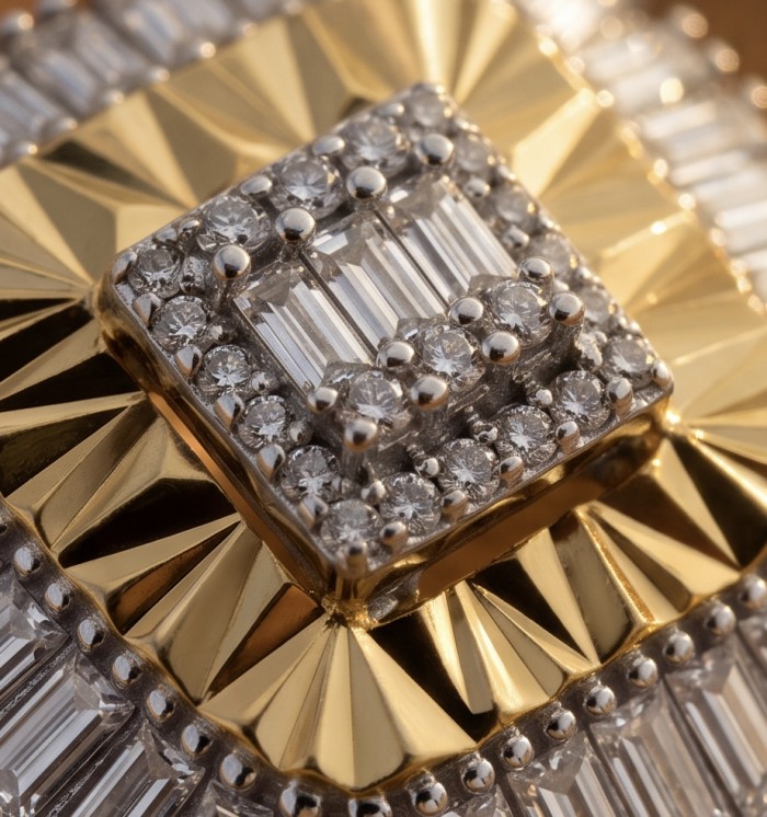 Art Deco 2.2 carat White Topaz 14K Gold over .925 Silver handcrafted Cocktail Ring s. 9 - Close-up of Art Deco white topaz and gold jewelry detail.