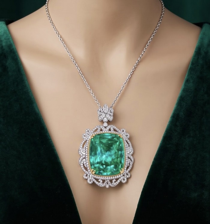 Brazilian's Briliance - emerald cut 33.7 carat Paraiba Tourmaline 2 tones .925 Sterling Silver handcrafted necklace - Necklace with 33.7 carat Paraiba Tourmaline, worn on neckline.