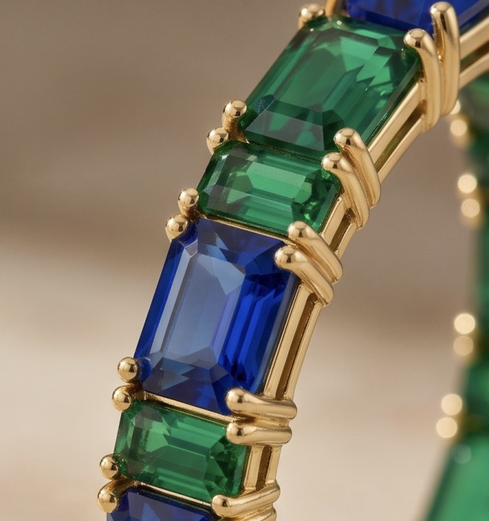 Luxurious 9.5 carat Emerald Sapphire 22K Gold over .925 Sterling Silver handcrafted inside - out earrings - Stone close-up of emerald and sapphire bracelet in gold setting.