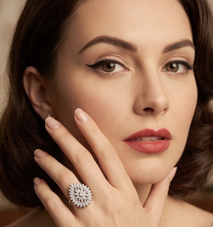 Real Beauty - asscher cut 8.5 carat White Topaz .925 Sterling Silver Handcrafted Statement Ring size 8 - Woman wearing a large white topaz floral ring on hand near face.