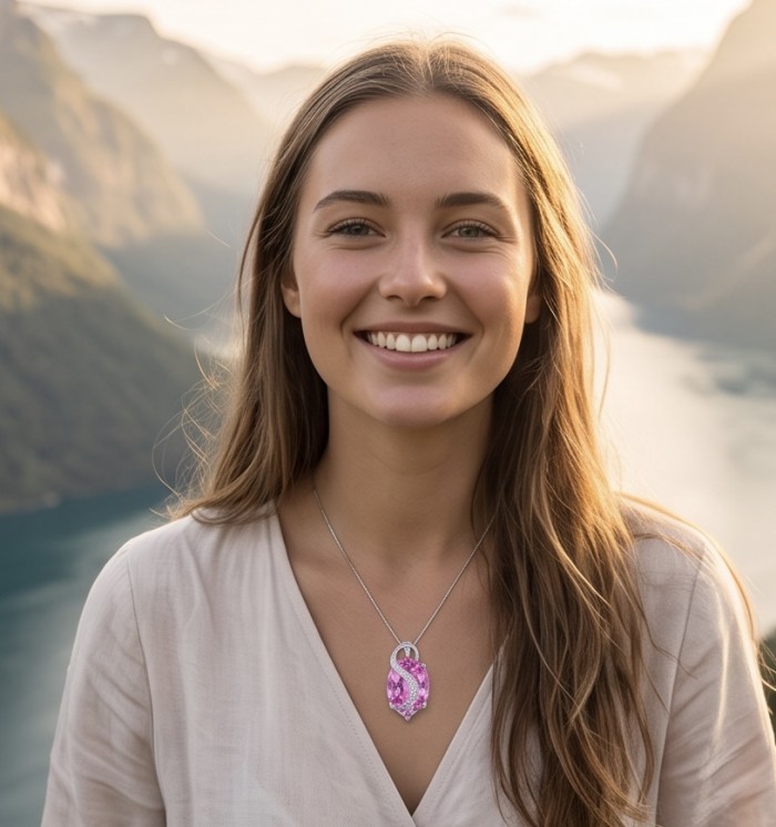 Incredible oval cut 17.8 carat Pink Sapphire .925 Sterling Silver handcrafted pendant - Woman wearing oval cut pink sapphire necklace in scenic setting