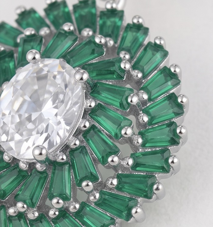 Estelle - Authentic 4.9 carat COLOMBIAN EMERALD rhodium over .925 Sterling Silver handcrafted earrings - Close-up of Estelle Colombian Emerald ring with central gemstone