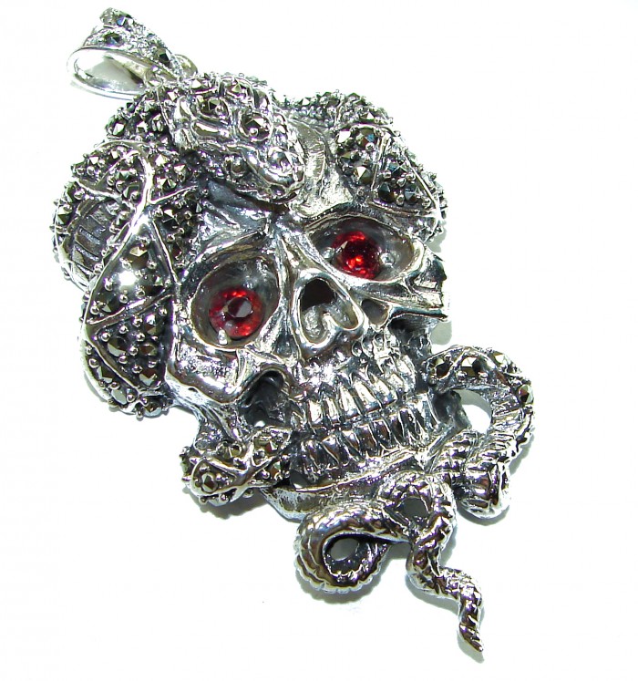 Huge Ghost Rider Authentic 4.8 carat Ruby Marcasite .925 Sterling Silver handcrafted Pendant - photo 2