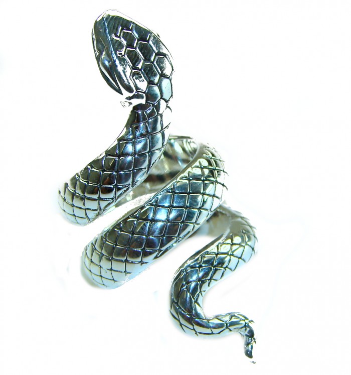 Large Boa Snake .925 Sterling Silver handcrafted Statement SPINAL Ring size 7 - Front view of large boa snake sterling silver statement jewelry piece.