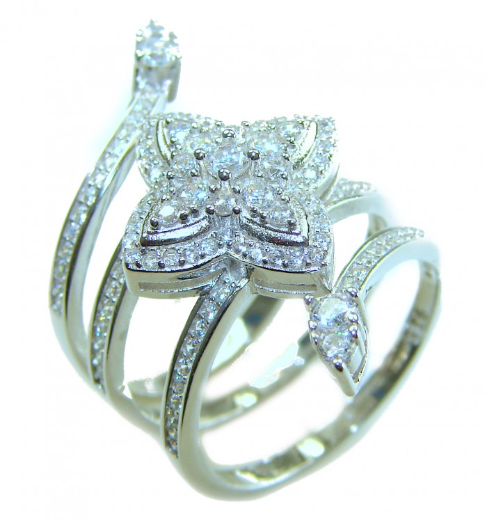 Allure Natural 11.2 carat White Topaz .925 Sterling Silver handcrafted Ring s. 7 - Floral sterling silver ring with white topaz, angled top view.