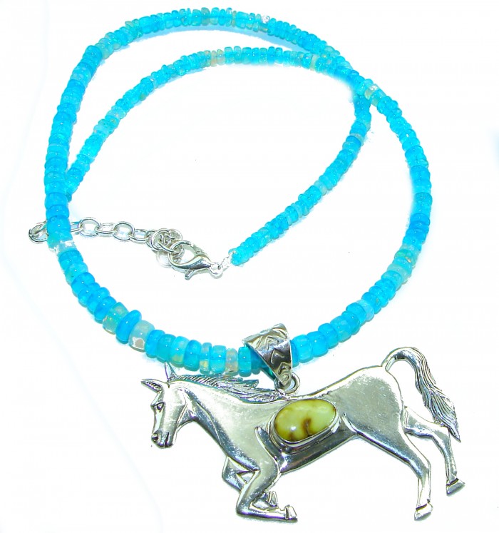 Precious Magic Horse Authentic Corrico lake Turquoise Australian Opal .925 Sterling Silver handmade Statement necklace; 18 - 20 inches long - Turquoise beaded necklace with horse pendant, close-up view.