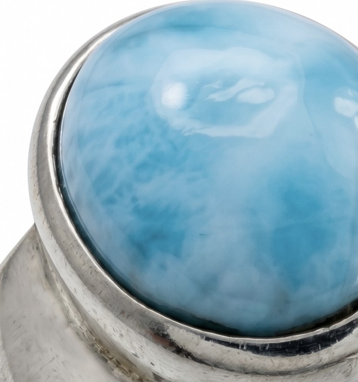 7.9 carat Blue Perfection natural Larimar .925 Sterling Silver handmade ring size 7 1/4 - Stone close-up of 7.9 carat Larimar in .925 Sterling Silver setting