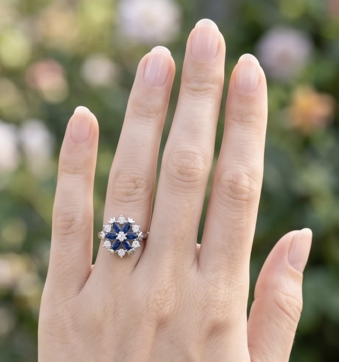 Real 3.2 carat Sapphire Italy Made Silver Sterling Silver spinning ring s. 8 1/4 - Close-up of 3.2 ct sapphire ring in silver, worn on hand.