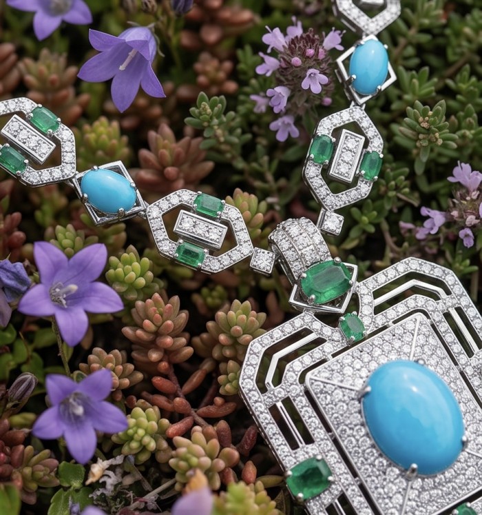 Art Deco - Pacifica - 178.4 carat Turquoise Emerald .925 Sterling Silver handmade Statement necklace; 24 inches long - Close-up of Art Deco turquoise and emerald necklace on flowers