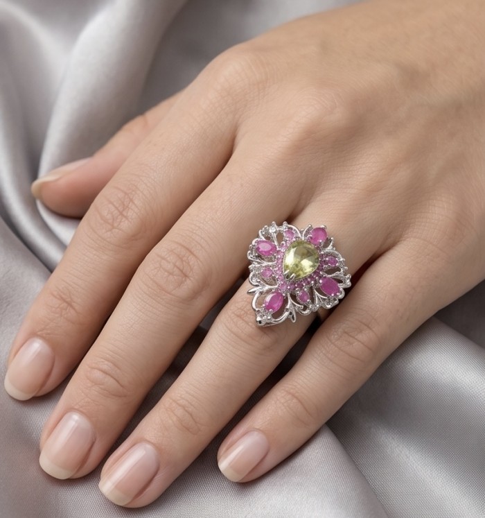 Giovanna - Authentic 17.9 carat Green Amethyst Ruby .925 Sterling Silver dipped in rhodium handcrafted Statement Ring size 7 - Ring with green amethyst and rubies worn on hand.
