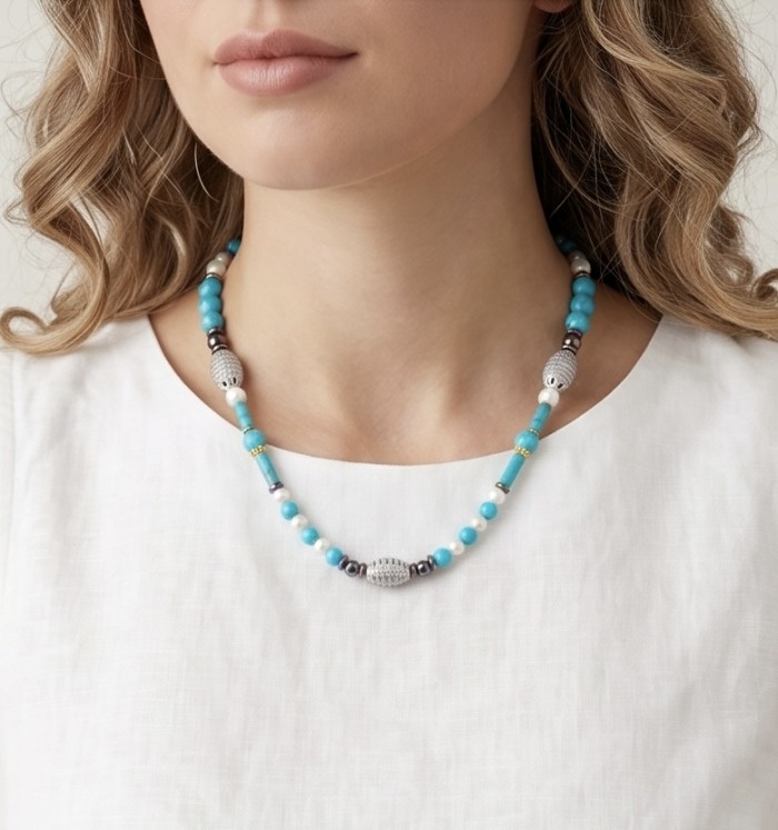 Luxurious Design genuine Turquoise Marcasite .925 Sterling Silver handcrafted Necklace - Turquoise Marcasite necklace worn, front view on model in white shirt.
