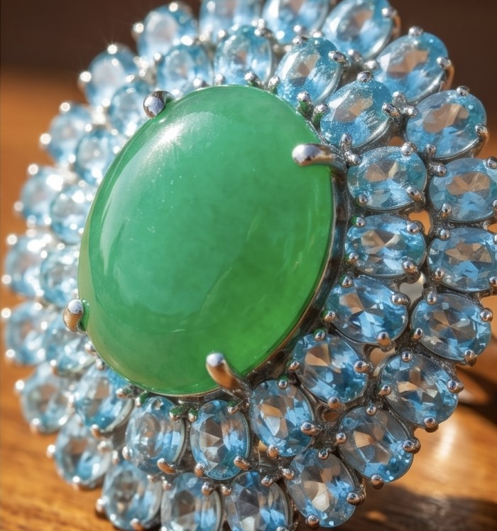 Abundance of Love 18.5 carat Chrysoprase Rhodium over .925 Sterling Silver handcratfed LARGE Statement Ring s. 7 - Close-up of Abundance of Love 18.5 carat Chrysoprase jewelry piece