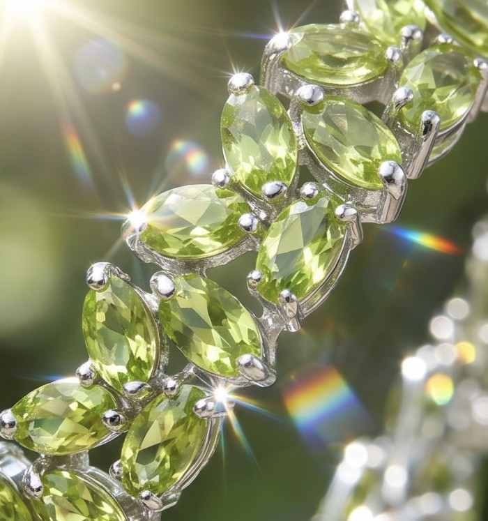 Melissa - Great Masterpiece 52.2 carat genuine Peridot .925 Sterling Silver handmade Statement bracelet - Close-up of Melissa, 52.2 carat genuine Peridot bracelet.