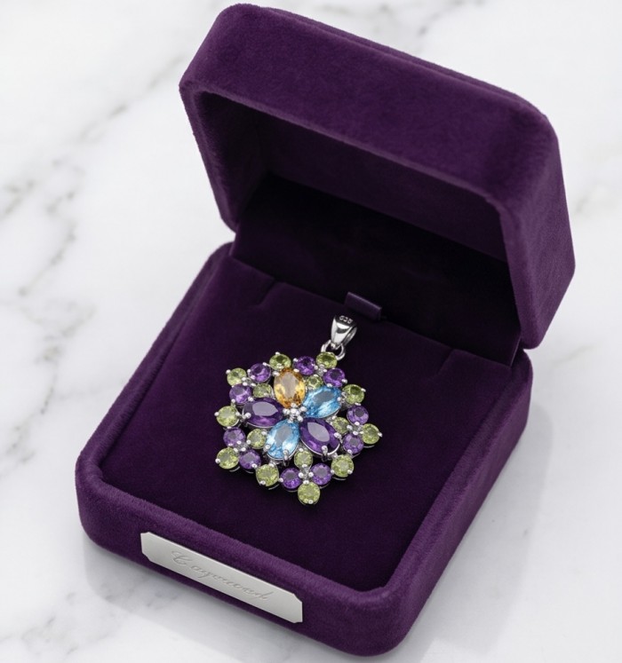 Colors of the Earth Precious 18.5 carat Multigem .925 Sterling Silver dipped in rhodium Pendant - Multigem pendant in purple box, top view, 18.5 carat, sterling silver