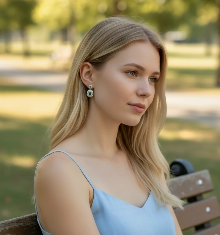 Art Deco - 8.8 carat Colombian Emerald .925 Sterling Silver handmade Statement Earrings - Side view of Art Deco emerald earrings worn on woman.