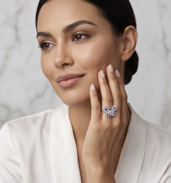 Precious Butterfly Genuine 10.5 carat Ruby .925 Sterling Silver handmade LARGE Statement Ring size 7 1/2 - Woman wearing Precious Butterfly Ruby Ring, side view on hand.