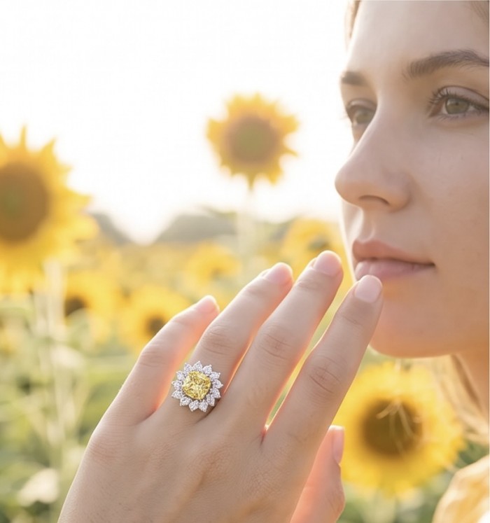 Art Deco - Luxurious asscher cut 7.9 carat Yellow Sapphire .925 Sterling Silver handcrafted Ring s. 8 1/4 - Yellow sapphire ring worn on hand in a sunflower field close-up.