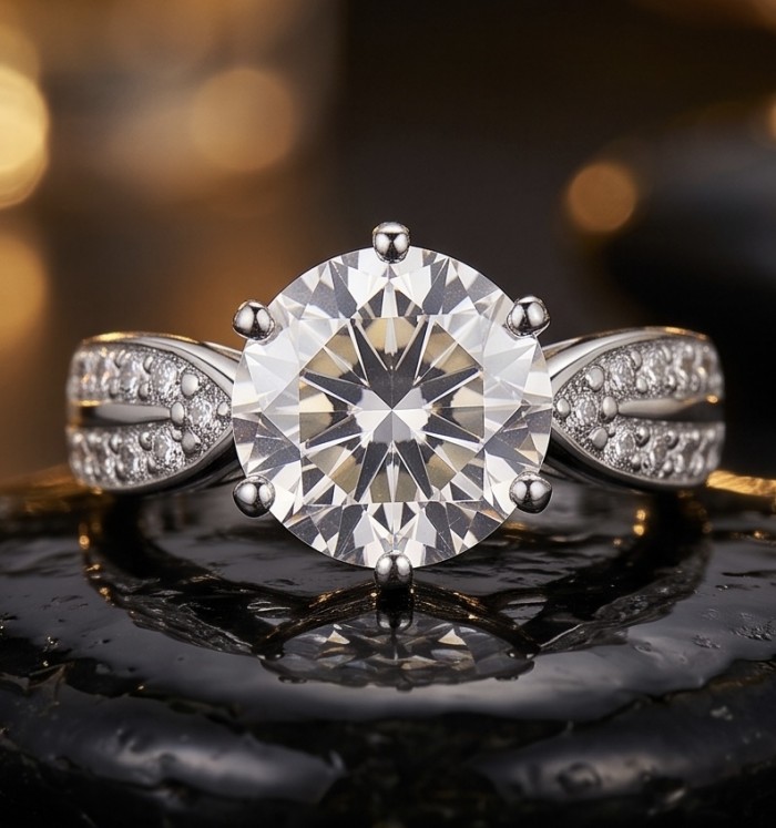 Perfection Round cut 3.2 carat White Topaz rhodium over .925 Silver handcrafted Cocktail Ring s. 7 1/4 - Close-up of white topaz ring with intricate band detailing