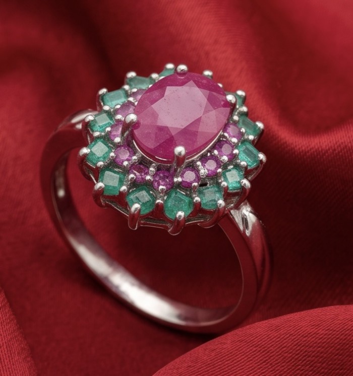 Bella Rosa Genuine 5.5 CARAT Ruby Emerald rhodium over .925 Sterling Silver Statement Ring size 8 - Close-up of Bella Rosa Ruby Emerald ring on red fabric background