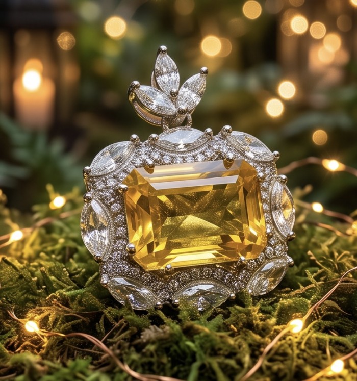Vintage style boquette cut 12.8 carat yellow Sapphire .925 Sterling Silver DIPPED IN RHODIUM handmade Pendant - Close-up of vintage style yellow sapphire 12.8 carat with diamonds