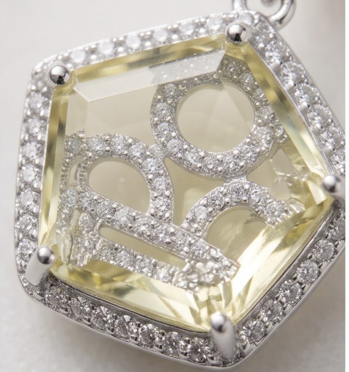 SunRise 10.8 carat Lemon Quartz rhodium over .925 Sterling Silver handcrafted Statement Earrings - Close-up of SunRise Lemon Quartz pendant with diamond accents.