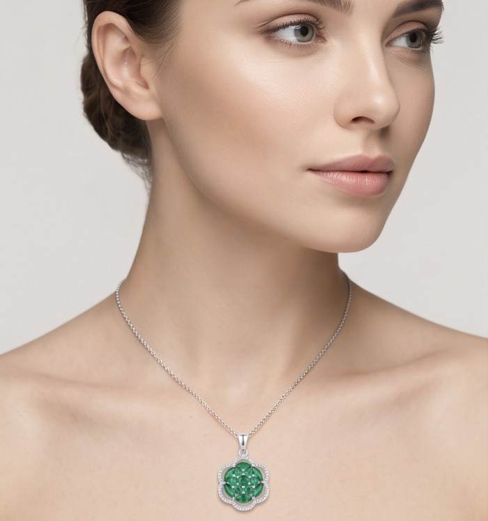 Authentic 5.5 CARAT Chrome Diopside .925 Sterling Silver Pendant - Woman wearing chrome diopside pendant necklace, side view.