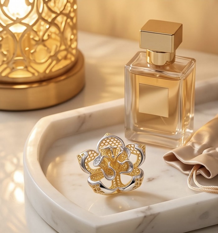 GOLDEN ROSE - Dubai Style - .925 Sterling Silver dipped in 22K Gold handmade Large ring size 6 1/4 - Golden rose ring on marble tray with perfume bottle, top view.