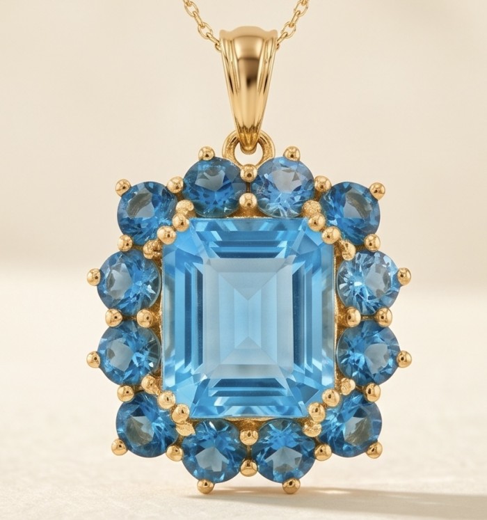 Atlantica Precious asscher cut 17.5 carat Swiss Blue Topaz .925 Sterling Silver dipped in 22K Gold handcrafted Pendant - Close-up of Atlantica pendant with Swiss Blue Topaz and gold accents.
