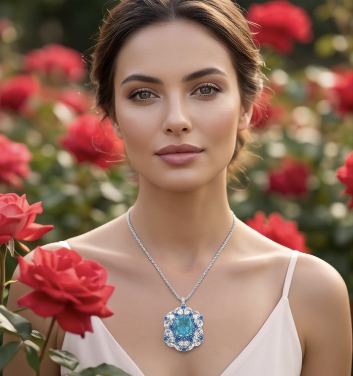 Vintage style 8.5 carat Swiss Blue Topaz Rhodium over .925 Sterling Silver handcrafted necklace - Woman wearing vintage 8.5 carat Swiss Blue Topaz necklace, front view.