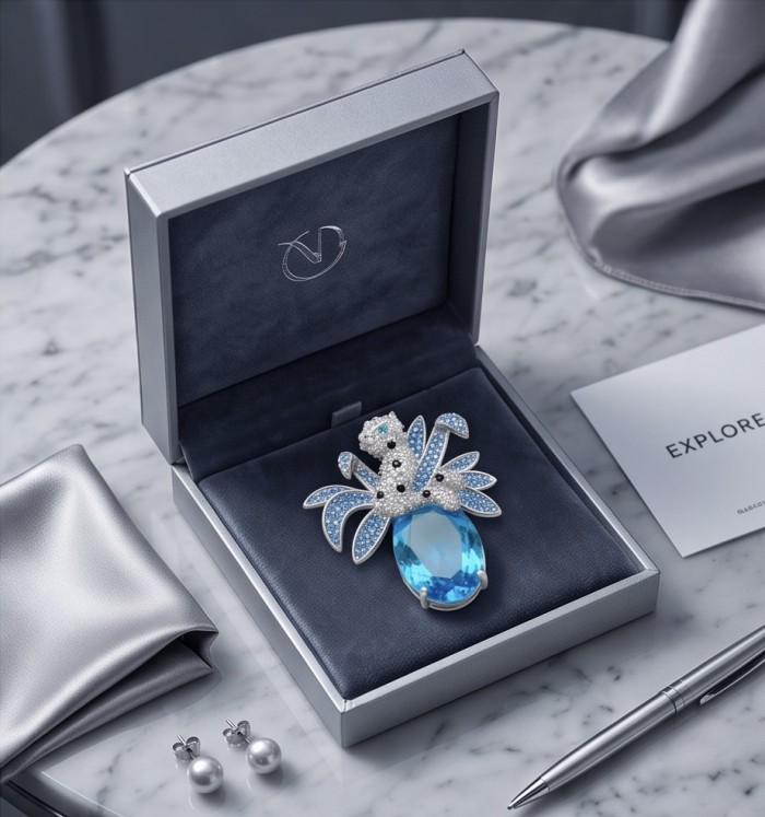 Blue Cheetah authentic 12.5 carat Swiss Blue Topaz .925 Sterling Silver Handcrafted pendant brooch - Blue Cheetah pendant with blue topaz, box view, on marble table.
