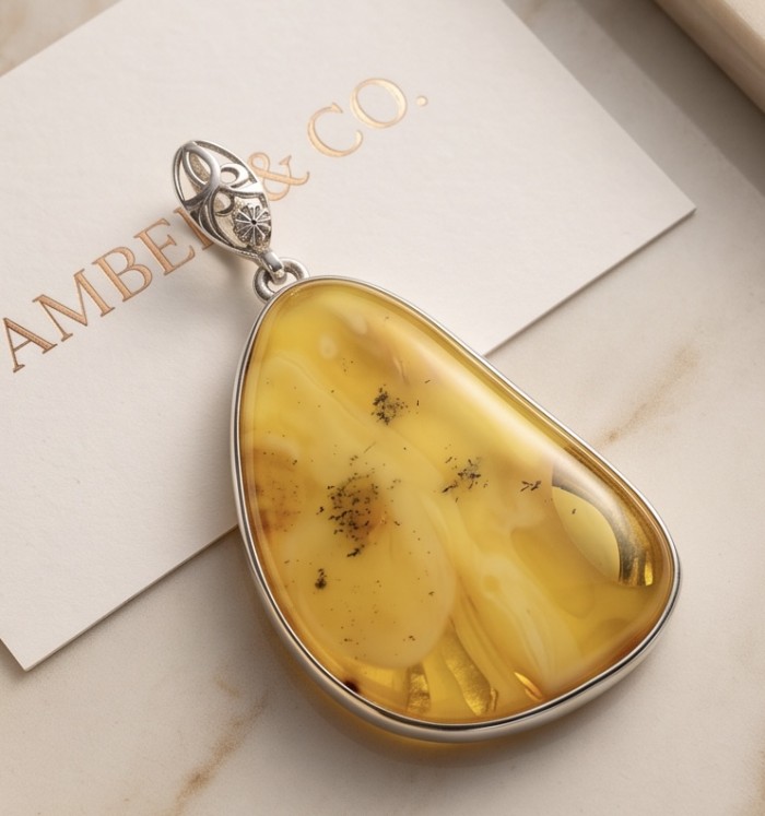 Prehistoric Authentic Golden Butterscotch Baltic Amber .925 Sterling Silver beautifully handcrafted Pendant - Stone close-up of golden butterscotch Baltic amber pendant.