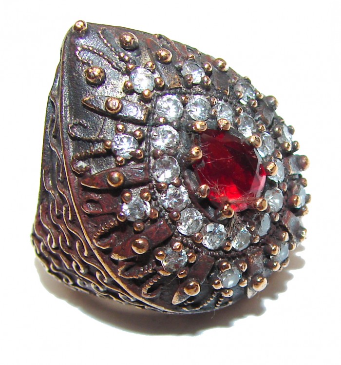 Large Victorian Style created Ruby & White Topaz Sterling Silver ring; s. 7 - photo 1