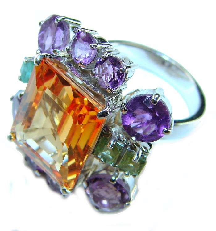 Real Beauty 19.5 carat Authentic Golden Topaz .925 Sterling Silver handcrafted Statement ring size 6 - Stone close-up of multicolored gemstone sterling silver ring