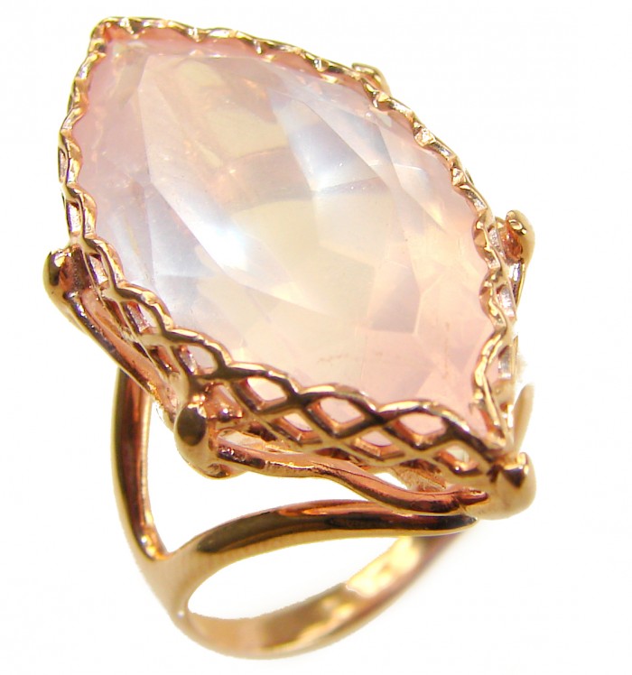 Vintage Design -Brazilian Rose Quartz 28.5 carat 18K Gold over .925 Sterling Silver handcrafted Ring size 8 - Close-up of marquise-cut Brazilian Rose Quartz in 18K gold vintage setting.