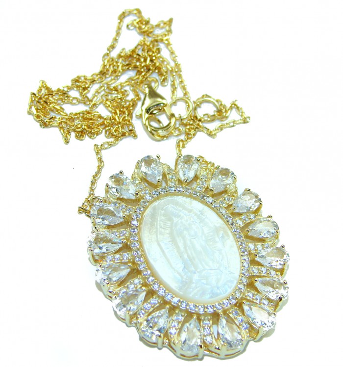 Virgin MARY Precious Blister Pearl 18K Gold over .925 Sterling Silver Necklace - Pendant necklace with Virgin Mary, gold and gems, top view.