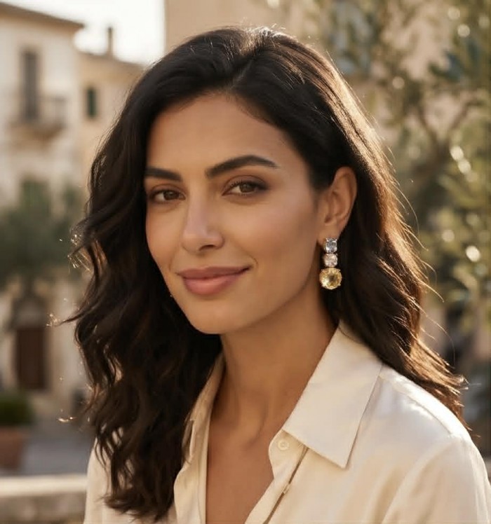 Fiesta Authentic 12.5 carat Multigem .925 Sterling Silver dipped in 18K Gold over brilliantly handcrafted earrings - Woman wearing Fiesta 12.5 carat multigem earrings, side view.