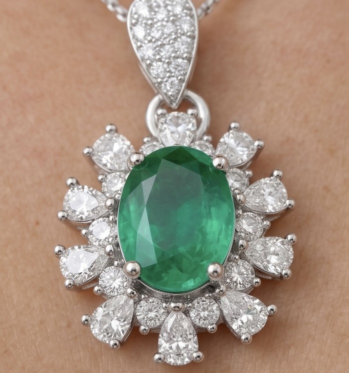 Isabella 3.8 carat Emerald .925 Sterling Silver Perfectly handcrafted pendant - Close-up of Isabella 3.8 carat emerald pendant with diamond accents