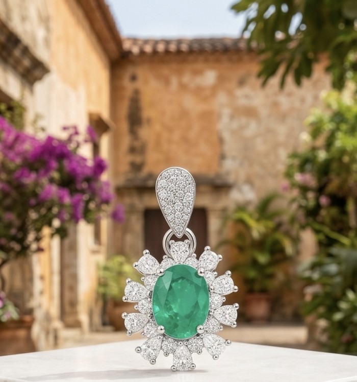 Isabella 3.8 carat Emerald .925 Sterling Silver Perfectly handcrafted pendant - Emerald pendant with diamonds on table, garden background, front view.