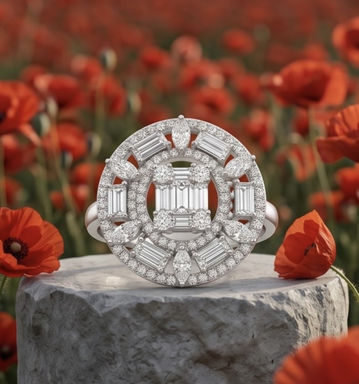 Art Deco 6.5 carat White Topaz .925 Sterling Silver ring size 8 - Front view of Art Deco white topaz ring on stone with poppies background